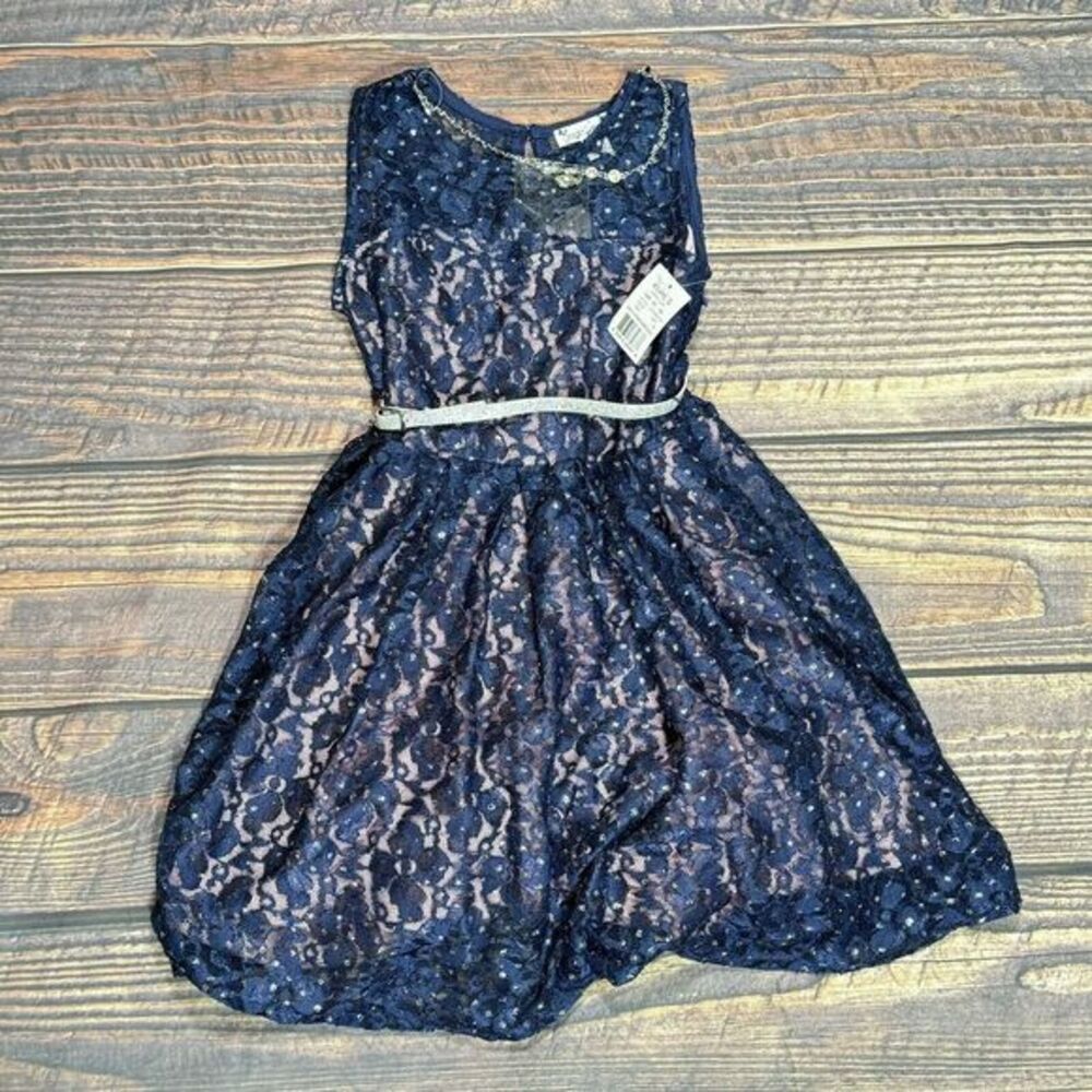 Knit Works Girls Navy Lace Mesh Rosette Lined Dress Belt Necklace 12 New NWT